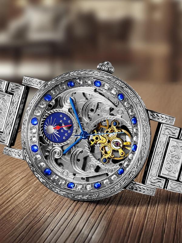 Men's Vintage Hollow Out Design Embossed Mechanical Watch, Fashion Rhinestone Decorated Stainless Steel Strap Watch for Party, Daily Decor, Trendy All-match & Exquisite Watch for Birthday Gift with Box