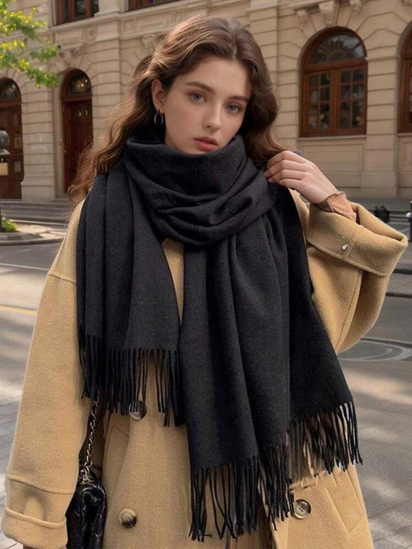 Solid Color Tassel Decor Scarf, Casual Soft Warm Thick Shawl for Women & Men, Fashion Accessories for Fall & Winter