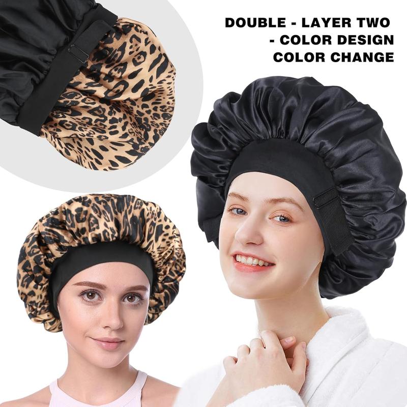 Silk Bonnet for Sleeping Double Layer Satin Bonnet Adjustable Bonnets for Black Women Sleep Cap Reversible Hair Bonnet for Curly Hair (Black and Leopard)