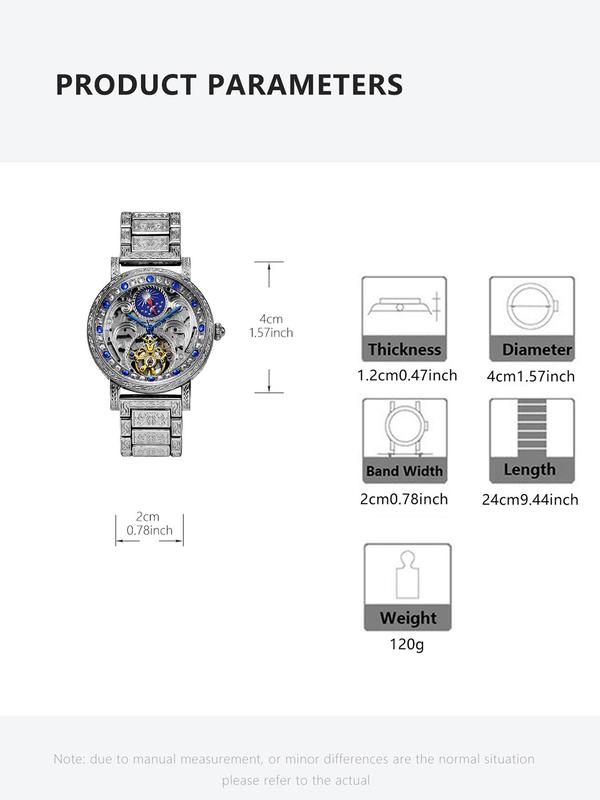 Men's Vintage Hollow Out Design Embossed Mechanical Watch, Fashion Rhinestone Decorated Stainless Steel Strap Watch for Party, Daily Decor, Trendy All-match & Exquisite Watch for Birthday Gift with Box