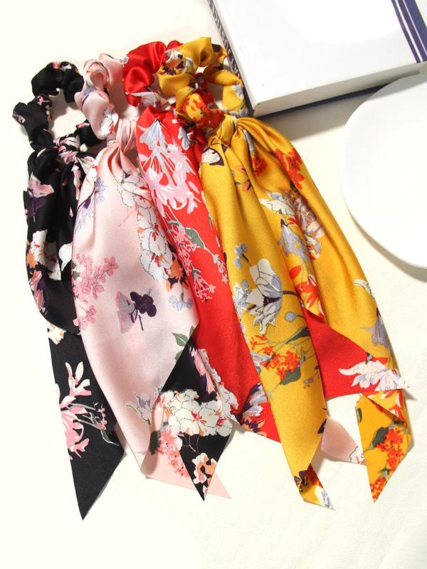 4pcs Gorgeous Floral Print Scrunchie Scarf, Elegant Trendy Ponytail Holder, Fashion Hair Accessories for Women & Girls