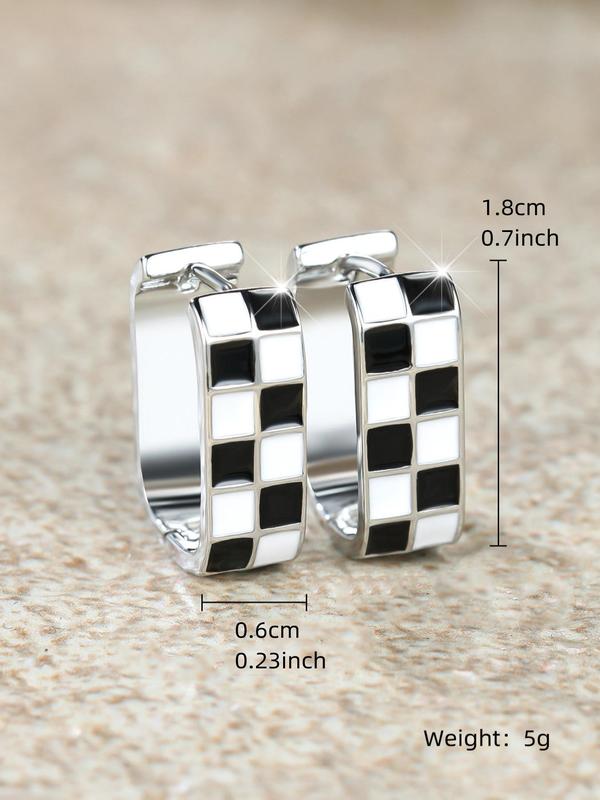 Checkerboard Pattern Hoop Earrings, Casual Enamel Drip Earring Clip for Women for Party, Daily Decor, Trendy All-match Luxury Jewelry for Gift, Fall Outfits, Fall Freshness