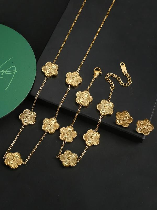 Women's Flower Design Necklace & Stud Earrings & Bracelet, Elegant Luxury Jewelry Set for Party, Daily Decor, Trendy All-match & Exquisite Jewelry for Birthday Gift