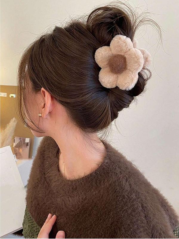 Flower Design Plush Hair Claw, Casual and Versatile Hair Accessories for Women, Minimalist Headwear Suitable for Thick Hair