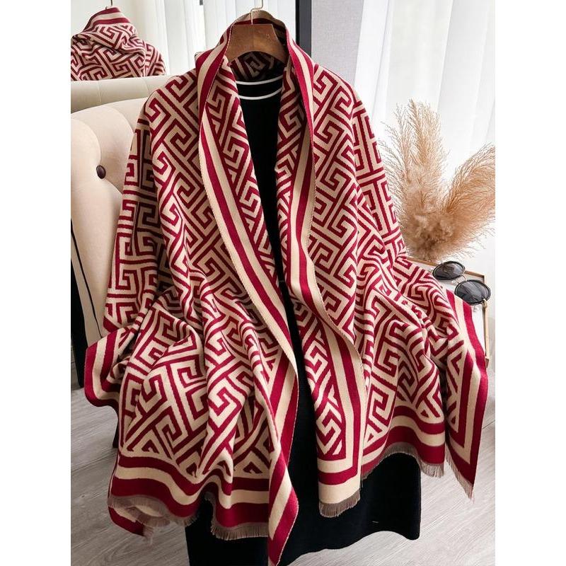 Boho Style Geometric Pattern Double Sided Thickened Shawl, Casual Soft Warm Long Scarf for Fall & Winter, Fashion Accessories for Women & Men