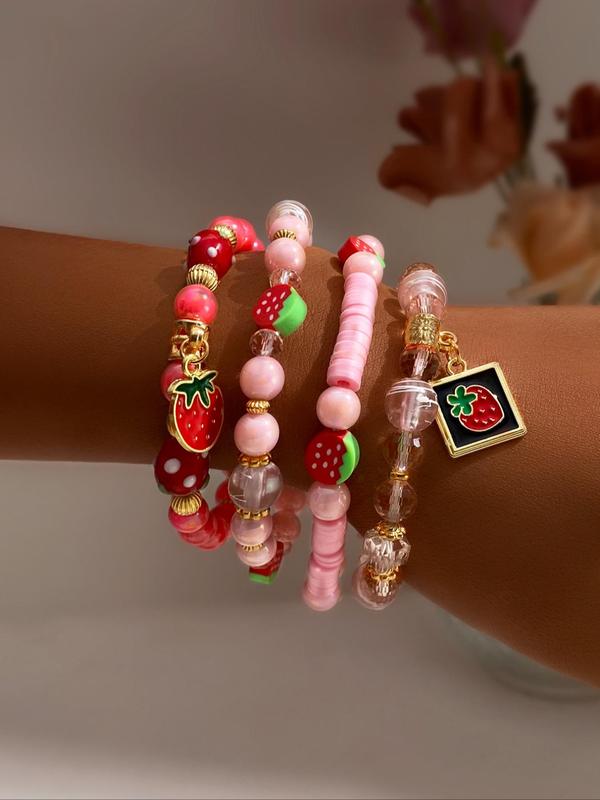 Cute Strawberry & Letter Design Beaded Bracelet, Fashion Jewelry for Party, Daily Clothing Decor, Trendy All-match & Exquisite Jewelry for Birthday Gift