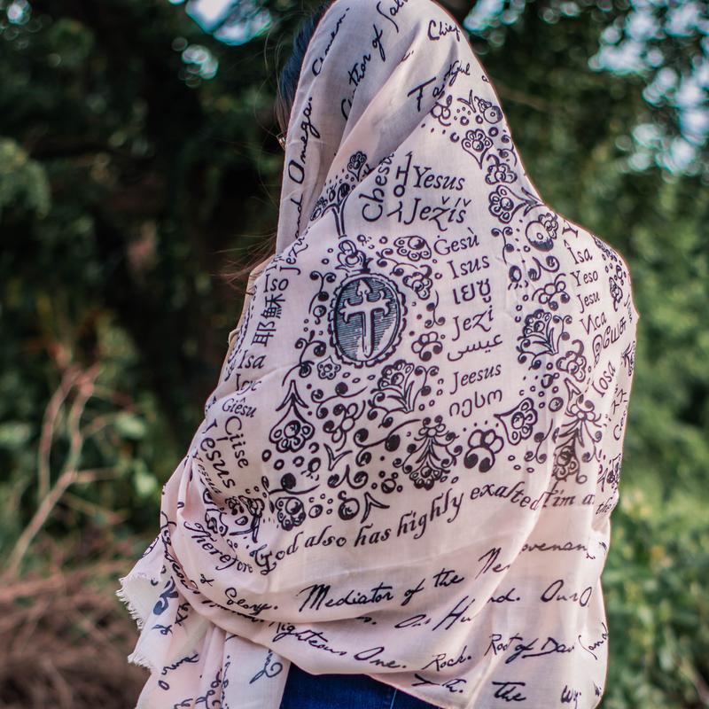 The Jesus' Names Scarf - Christian Bible Verse Shawl - Philippians 2:9 Prayer Scarf - Pink Blush