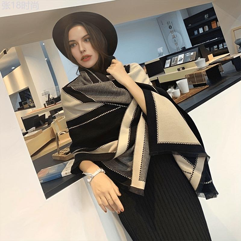 Luxurious Double-Sided Imitation Cashmere Fringe Scarf - Soft, Warm, and Elegant Shawl for Autumn and Winter - Large Size, Jacquard English Letters Pattern, Perfect Outside Blanket Scarf