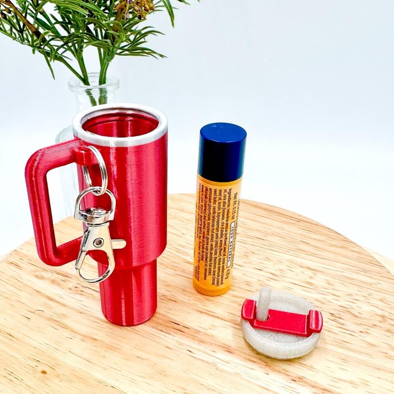 Tumbler Cup Lip Balm Holder Keychain Accessory - 3D Printed, Multicolor, 3 Inches Tall