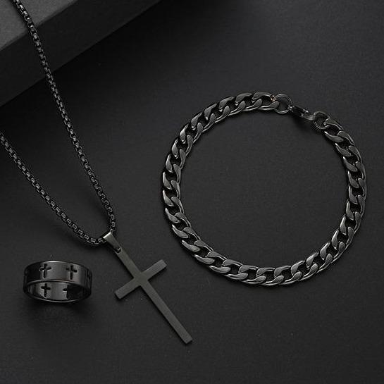 Men's Punk Style Matching Jewelry Set, Cross &Chain Design Pendant Necklace & Bracelet &.Ring Back To School, Jewelry Men Accessoriesfor Party & Daily Gift Kit Women, Fall Outfits, FallFreshness Fall