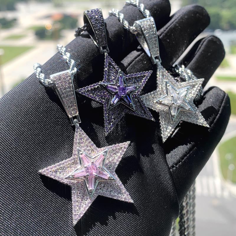 Spinning Stars Pendant Necklace for Gift,Punk  HIPHOP Style Rhinestone Decor Chunky ChainNecklace 2pcs set Trendy Hip Hop Cuban Link ChainNecklace & Pendant Necklace for Bf & Gf& Chic lced out Jewelry for Party Decor,  necklace  merch