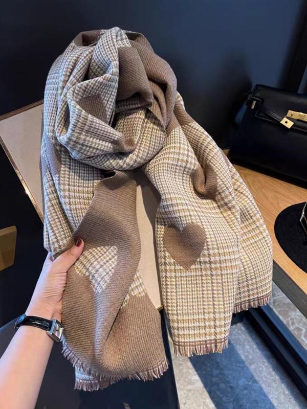 Fashionable Plaid & Heart Pattern Tassel Decor Scarf, Casual Soft Warm Shawl for Fall & Winter, Fashion Accessories for Women & Men