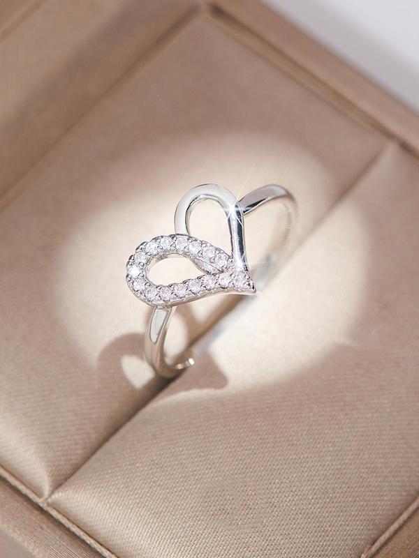 Women's Elegant Rhinestone Decor Heart Design Ring, Exquisite Trendy Engagement Ring, Chic Jewelry As Gift