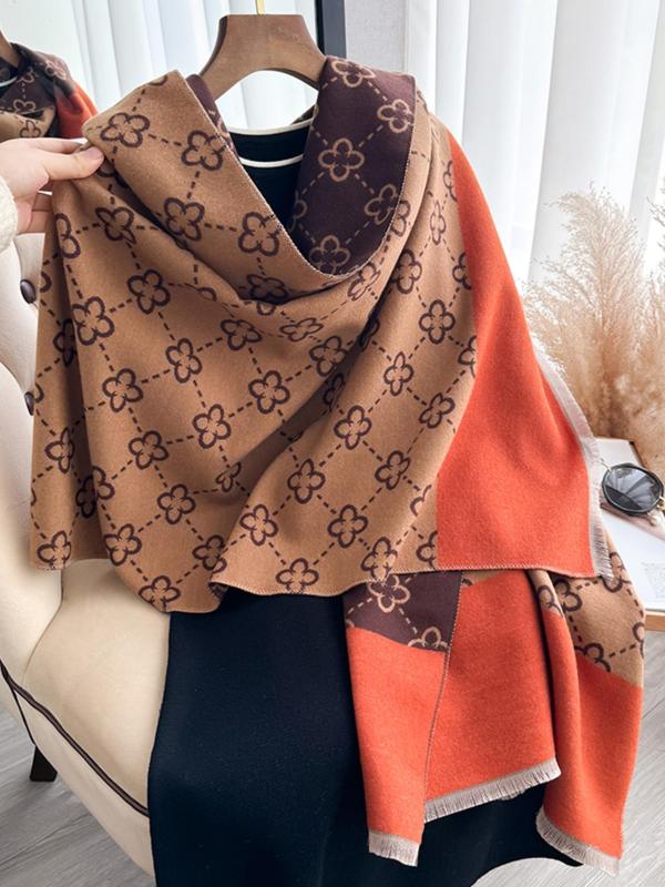 Women's All Over Print Raw Hem Design Shawl, Casual Soft Warm Scarf for Fall & Winter, Fashion Trendy All-match Accessories for Daily Use