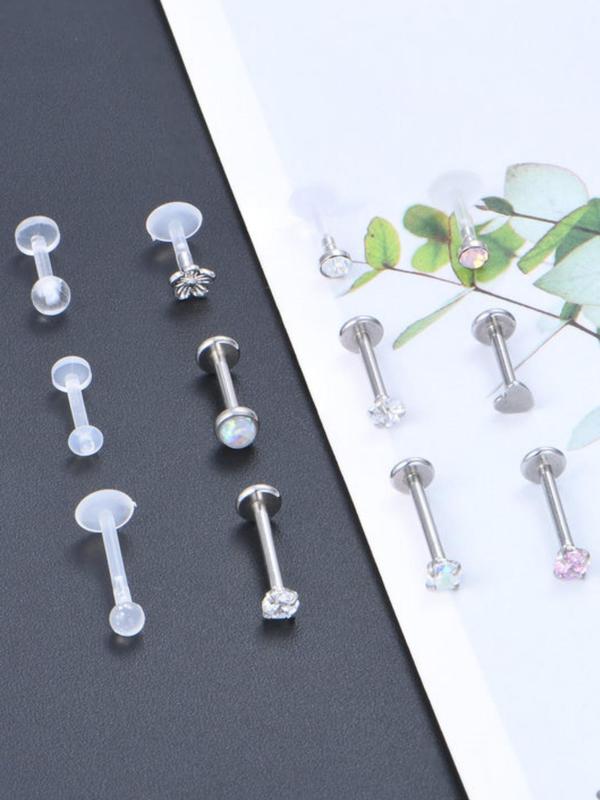 12pcs set Rhinestone Decor Stainless Steel Lip Studs, Body Piercing Jewelry for Party, Daily Clothing Decor for Girl