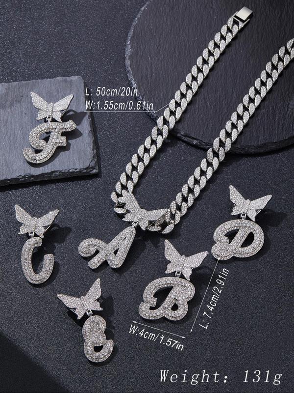 Rhinestone Butterfly & Letter Charm Pendant Necklace, Fall Punk Cuban Chunky Chain Necklace for Women Men, Streetwear Matching Chunky Jewelry for Gift Back To School, Gothic Girl Trip Out