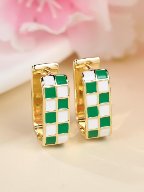 Checkerboard Pattern Hoop Earrings, Casual Enamel Drip Earring Clip for Women for Party, Daily Decor, Trendy All-match Luxury Jewelry for Gift, Fall Outfits, Fall Freshness