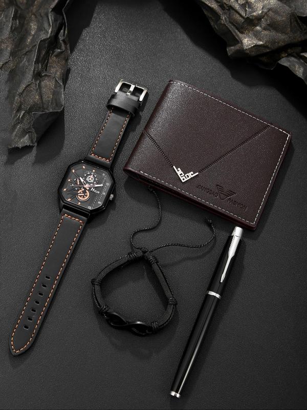 Men's Business Watch & Wallet & Bracelet & Pen Set, Fashion Watch Set for Party, Daily Decor, Trendy All-match & Exquisite Watch Set for Gift