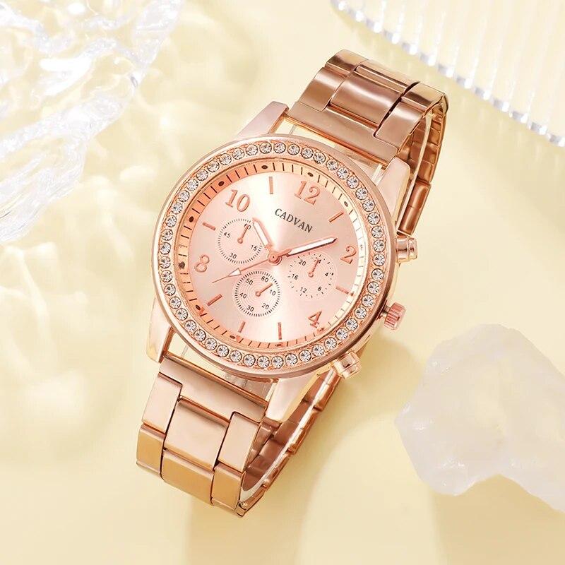 6 Counts Set Luxury Watch Women Ring Necklace Earring Rhinestone Fashion Wristwatch Casual Ladies Bracelet Watches