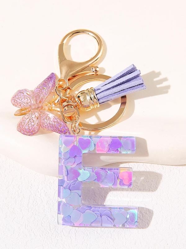 Initial Letter Keychain, Butterfly & Tassel Decor Keychain, Fashionable Resin Keychain for Women & Girls, Bag Backpack Charm, Car Hanging Pendant, Trendy All-match Keychain for Birthday Gift