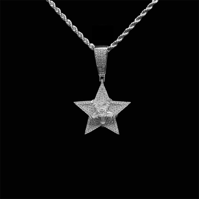 Spinning Stars Pendant Necklace for Gift,Punk  HIPHOP Style Rhinestone Decor Chunky ChainNecklace 2pcs set Trendy Hip Hop Cuban Link ChainNecklace & Pendant Necklace for Bf & Gf& Chic lced out Jewelry for Party Decor,  necklace  merch