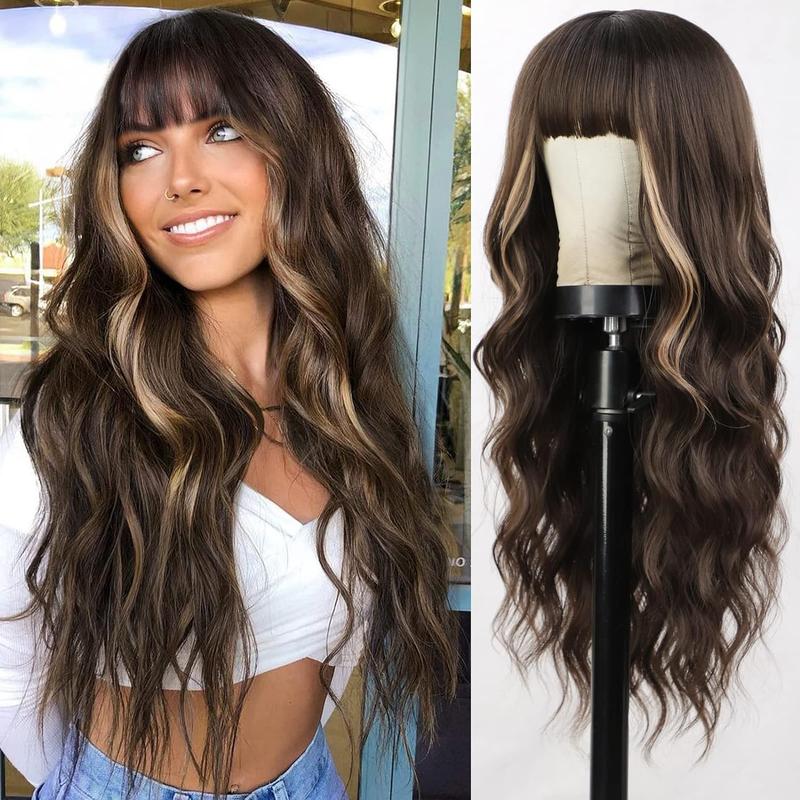 BlackFriday Brown Wig Mixed Blonde Highlights Long Wavy Synthetic Wigs for Women Natural Everyday Wear Wig with Bangs Curly Beginners Glueless Heat Resistant Wigs Woman Daily Party Use Cosplay Halloween(30 Inch Long Wig )