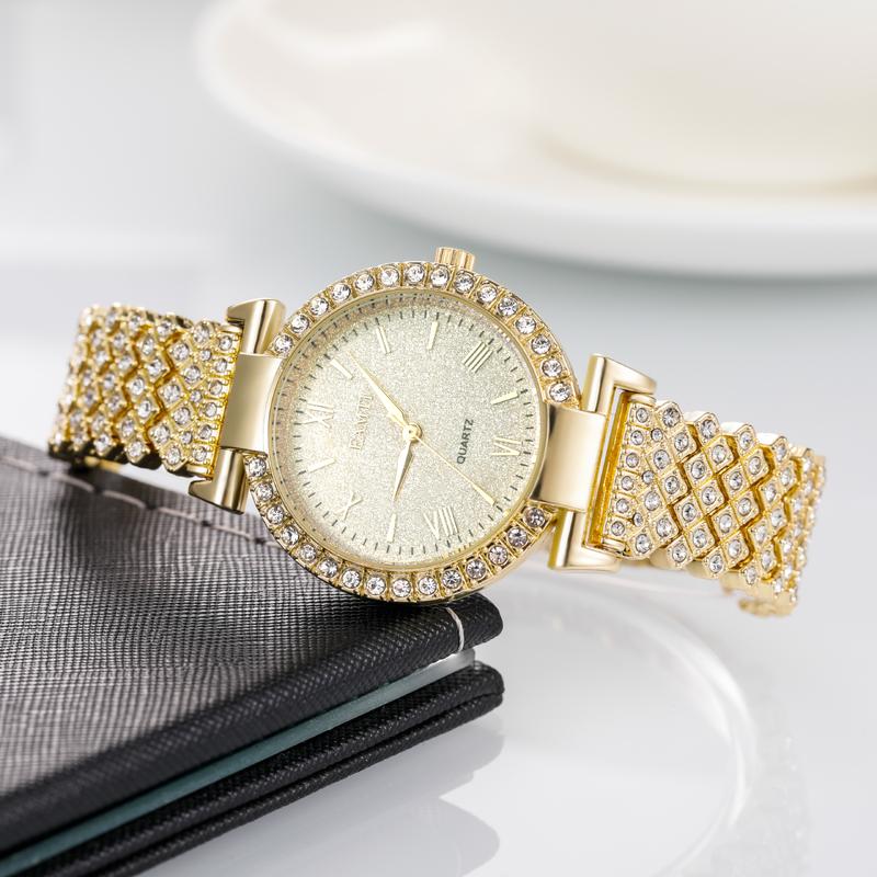 EAMTI 34mm Round Luxury Women Watch Stainless Steel Iced Out Quartz Watch