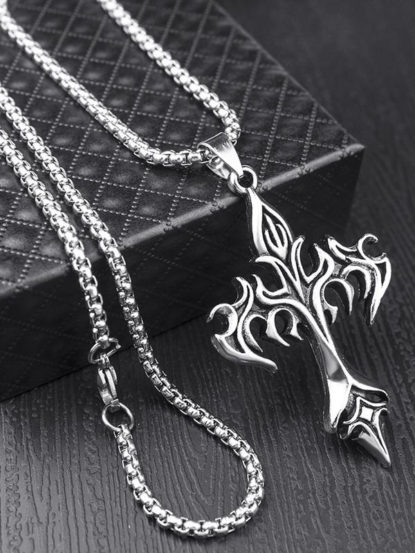 Easter Street Fierce Flame Cross Shaped Pendant Necklace with Chain Design, Mexican Necklaces, Jewelry for Daily & Party Decoration, Flavored Necklace