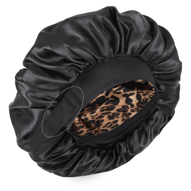 Silk Bonnet for Sleeping Double Layer Satin Bonnet Adjustable Bonnets for Black Women Sleep Cap Reversible Hair Bonnet for Curly Hair (Black and Leopard)