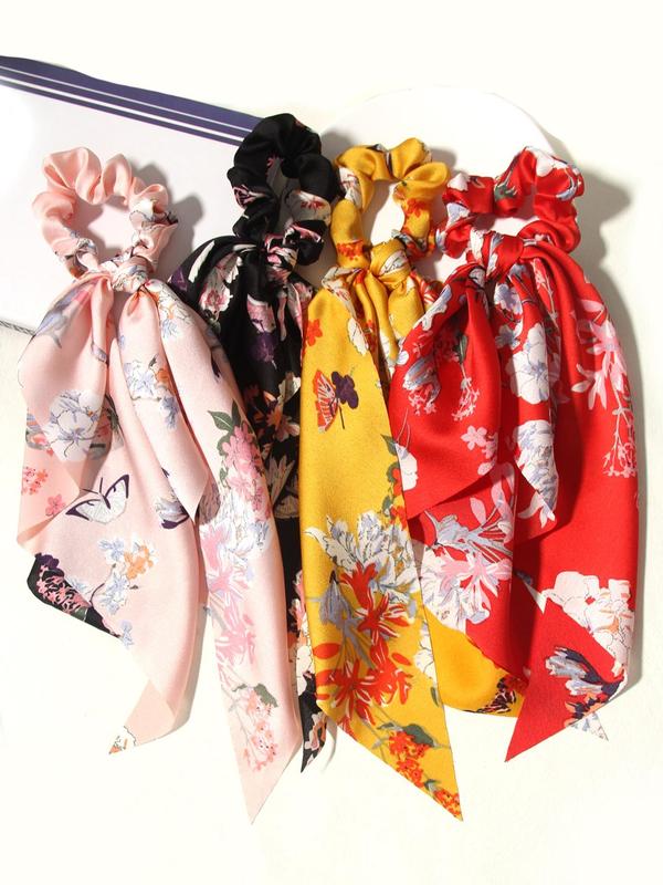 4pcs Gorgeous Floral Print Scrunchie Scarf, Elegant Trendy Ponytail Holder, Fashion Hair Accessories for Women & Girls