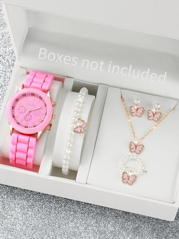 Round Dial Rubber Strap Quartz Watch & Butterfly & Faux Pearl Decorated Dangle Earrings, Pendant Necklace, Bracelet, Ring, Trendy Watch Set for Gift without Box