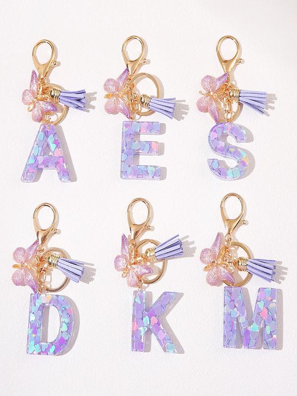 Initial Letter Keychain, Butterfly & Tassel Decor Keychain, Fashionable Resin Keychain for Women & Girls, Bag Backpack Charm, Car Hanging Pendant, Trendy All-match Keychain for Birthday Gift