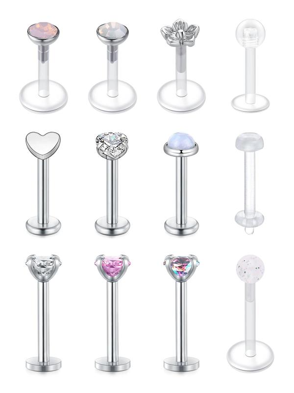 12pcs set Rhinestone Decor Stainless Steel Lip Studs, Body Piercing Jewelry for Party, Daily Clothing Decor for Girl