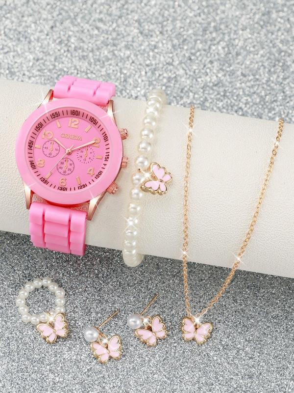 Round Dial Rubber Strap Quartz Watch & Butterfly & Faux Pearl Decorated Dangle Earrings, Pendant Necklace, Bracelet, Ring, Trendy Watch Set for Gift without Box