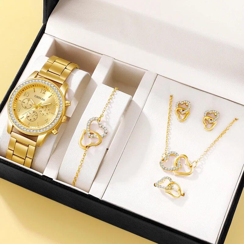 6 Counts Set Luxury Watch Women Ring Necklace Earring Rhinestone Fashion Wristwatch Casual Ladies Bracelet Watches