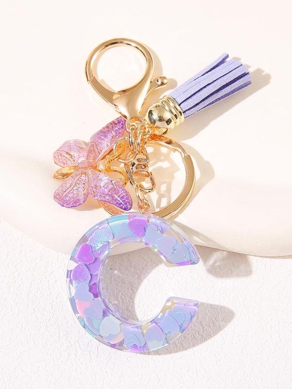 Initial Letter Keychain, Butterfly & Tassel Decor Keychain, Fashionable Resin Keychain for Women & Girls, Bag Backpack Charm, Car Hanging Pendant, Trendy All-match Keychain for Birthday Gift