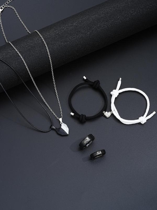 Simple Heart Design Jewelry Set, Couple Necklace & Bracelet & Ring, Fashion Jewelry for Party, Daily Decor, Trendy All-match & Exquisite Jewelry for Birthday Gift