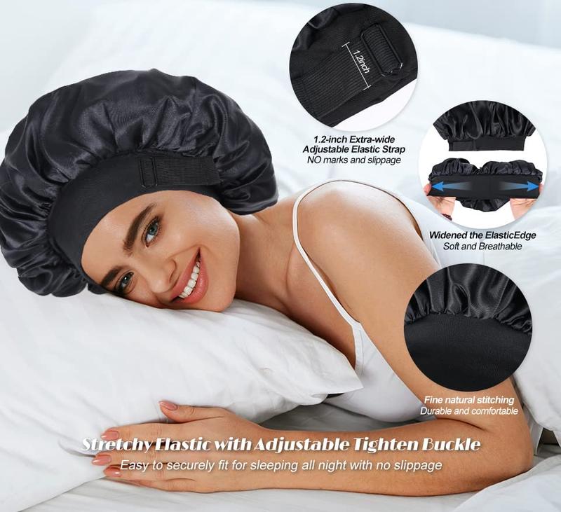 Silk Bonnet for Sleeping Double Layer Satin Bonnet Adjustable Bonnets for Black Women Sleep Cap Reversible Hair Bonnet for Curly Hair (Black and Leopard)