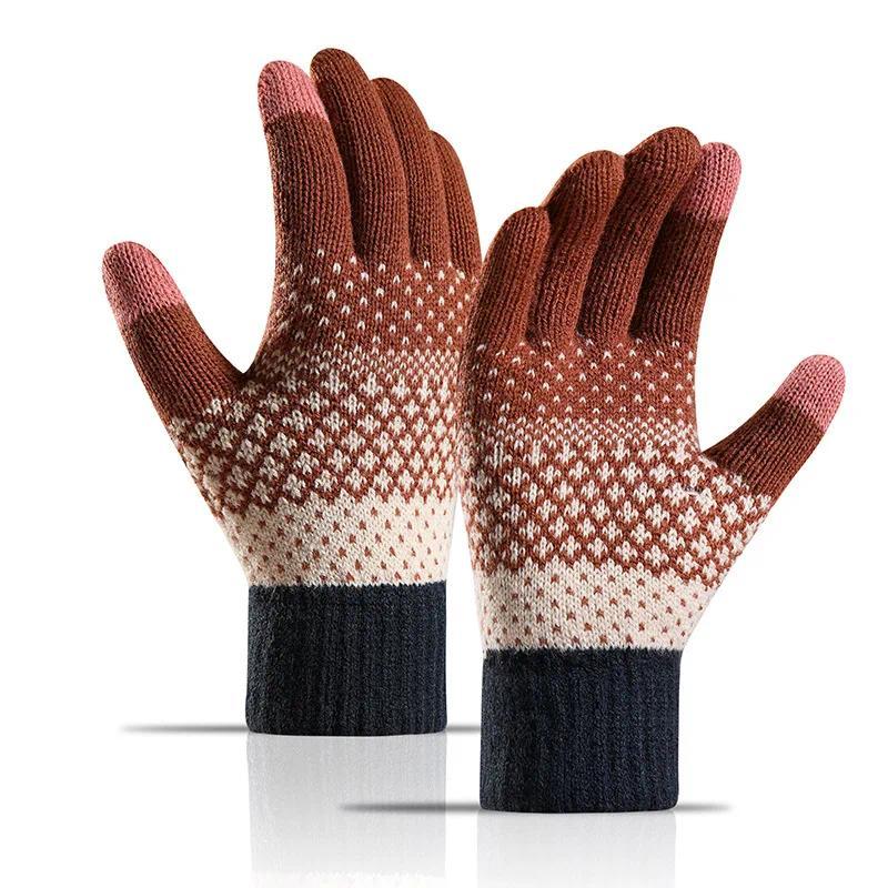 Knit gloves Women's double-layer fleece-thickened cold-proof touch screen finger warm outdoor cycling gloves