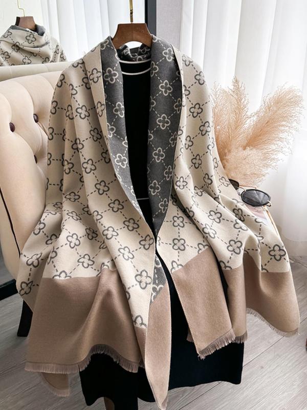 Women's All Over Print Raw Hem Design Shawl, Casual Soft Warm Scarf for Fall & Winter, Fashion Trendy All-match Accessories for Daily Use