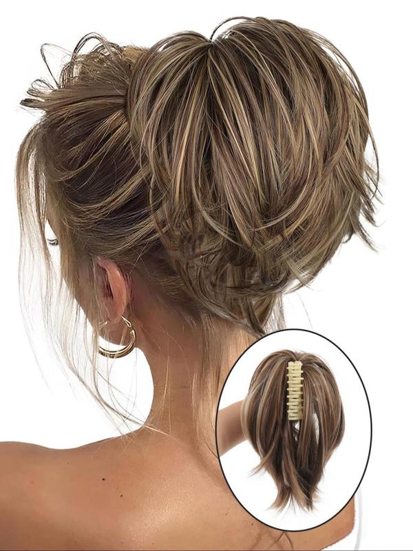 10 Inch Messy Bun Hair Piece, Straight Fake Chignon, Claw Clip in Short Ponytail Extension, Heat Resistant Synthetic Ponytail Extensions for Women