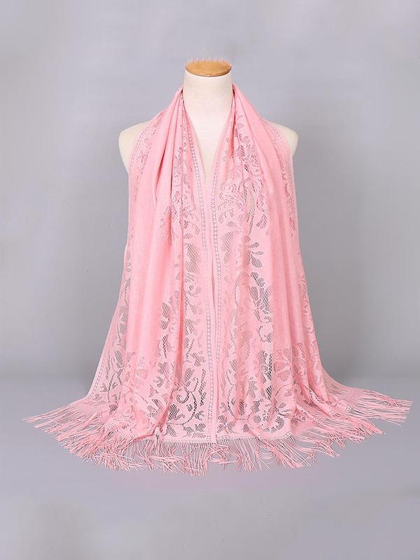 Women's Solid Fringe Hollow Out Contrast Lace Scarf, Fashionable Elegant Tassel Trim Long Shawl For Women, Breathable Shawl Scarf For Summer