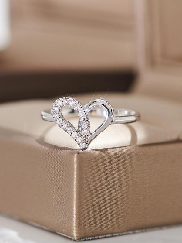 Women's Elegant Rhinestone Decor Heart Design Ring, Exquisite Trendy Engagement Ring, Chic Jewelry As Gift