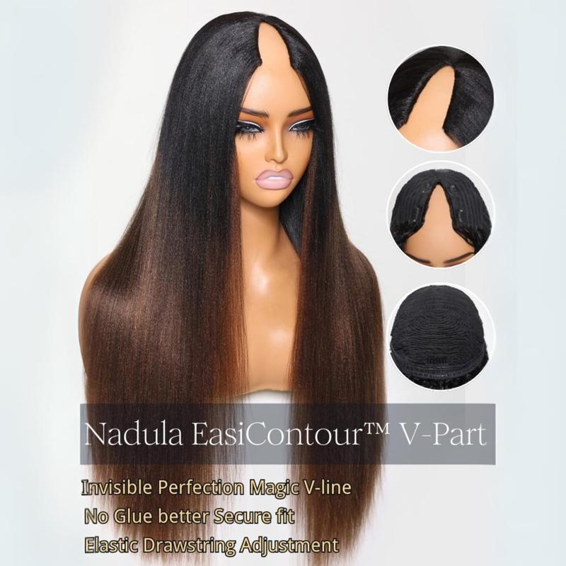 Nadula Lifesaver V Part Yaki Straight Chestnut Brown Ombre Color Lightweight Glueless Human Hair V Part Wig for Women