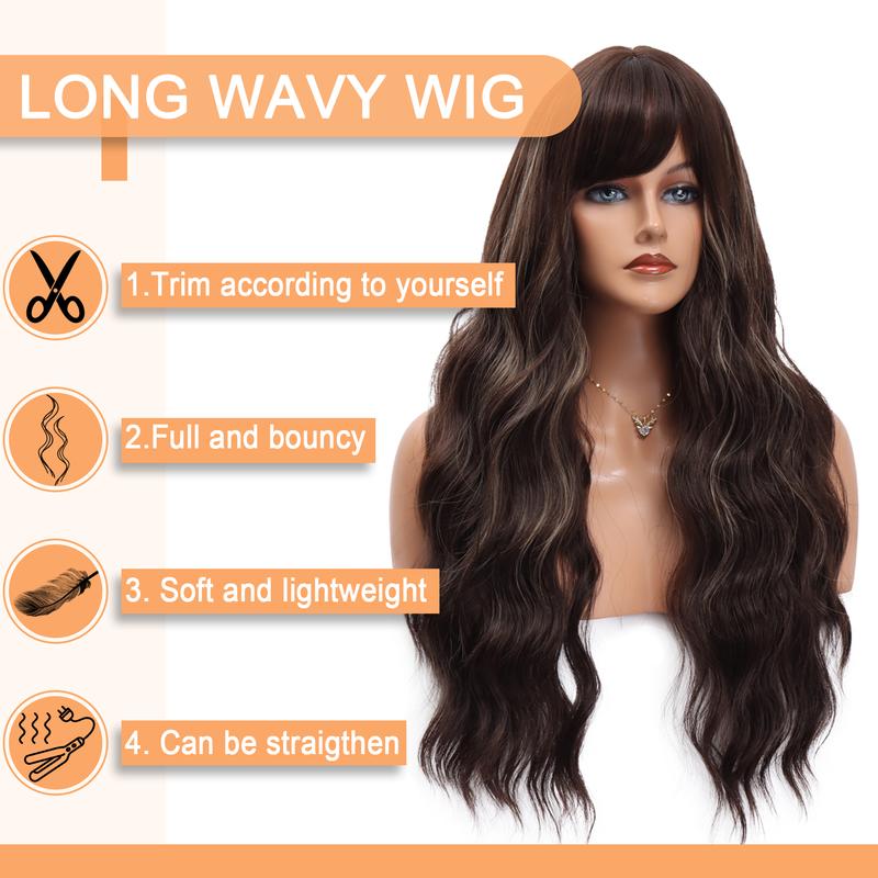 BlackFriday Brown Wig Mixed Blonde Highlights Long Wavy Synthetic Wigs for Women Natural Everyday Wear Wig with Bangs Curly Beginners Glueless Heat Resistant Wigs Woman Daily Party Use Cosplay Halloween(30 Inch Long Wig )