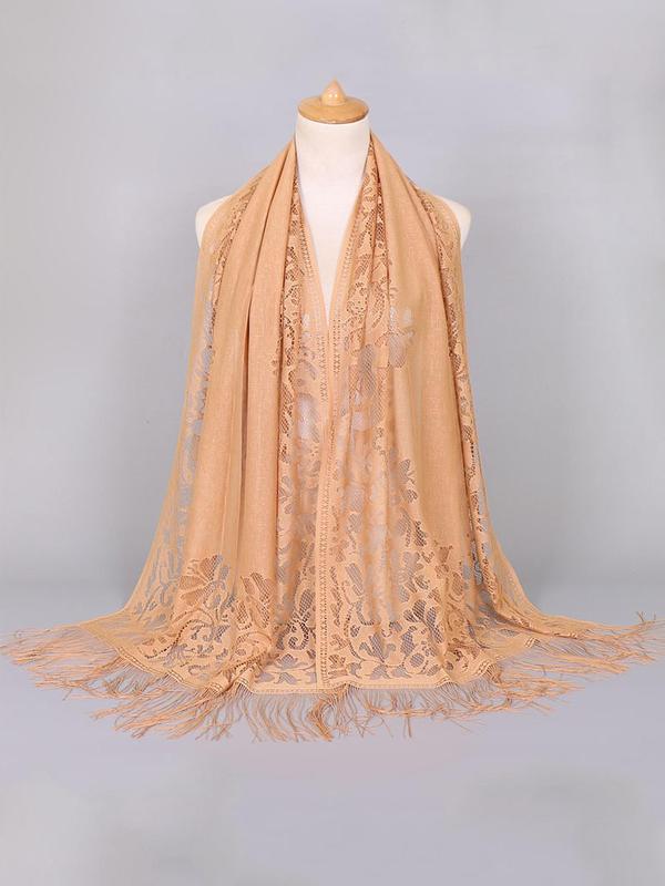 Women's Solid Fringe Hollow Out Contrast Lace Scarf, Fashionable Elegant Tassel Trim Long Shawl For Women, Breathable Shawl Scarf For Summer