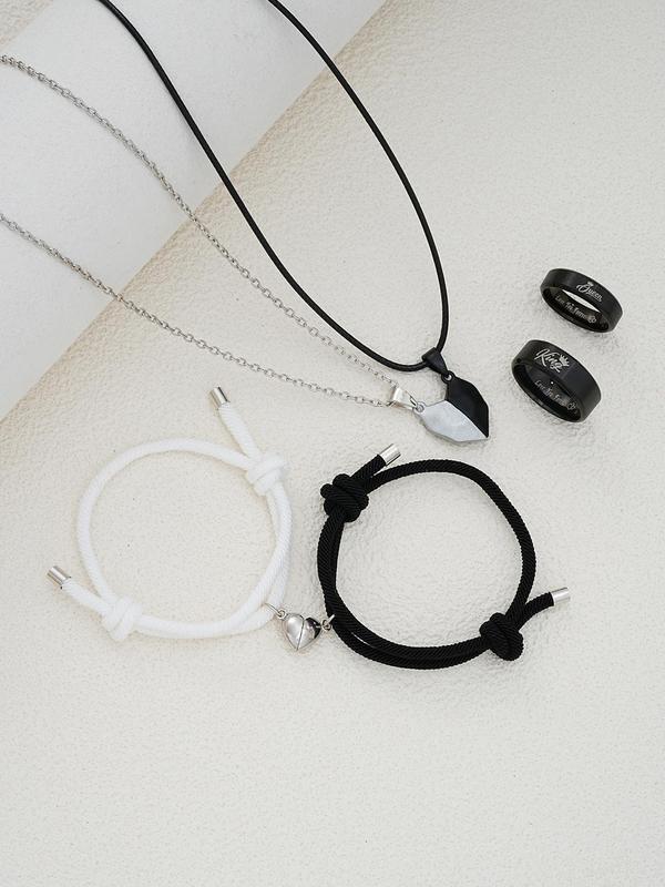 Simple Heart Design Jewelry Set, Couple Necklace & Bracelet & Ring, Fashion Jewelry for Party, Daily Decor, Trendy All-match & Exquisite Jewelry for Birthday Gift