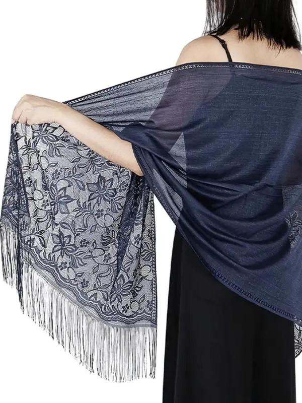 Women's Solid Fringe Hollow Out Contrast Lace Scarf, Fashionable Elegant Tassel Trim Long Shawl For Women, Breathable Shawl Scarf For Summer