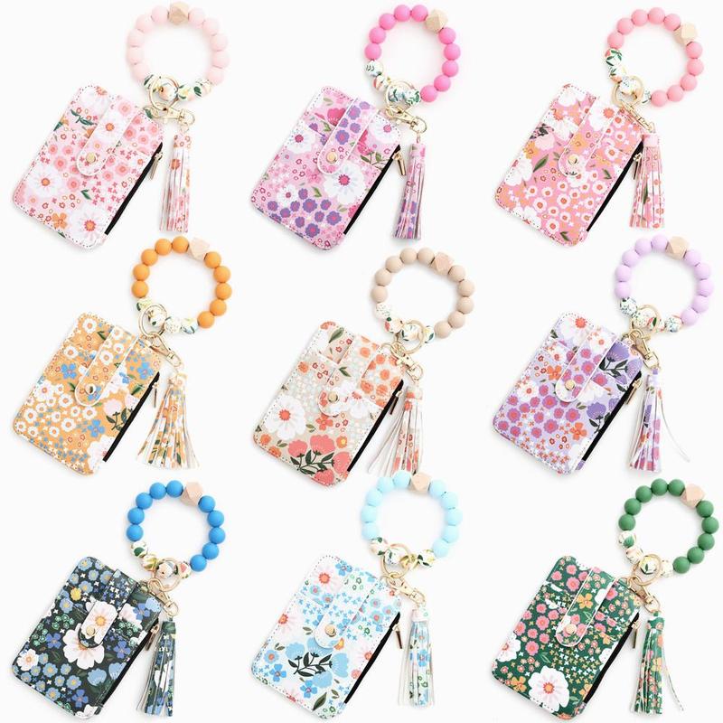 New ladies style beaded tassel decorative keychain, flower pattern wallet cute autumn fashion keychain, chic and gorgeous keychain, beautiful and cute