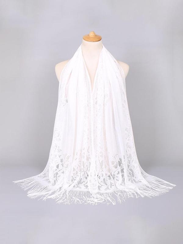 Women's Solid Fringe Hollow Out Contrast Lace Scarf, Fashionable Elegant Tassel Trim Long Shawl For Women, Breathable Shawl Scarf For Summer